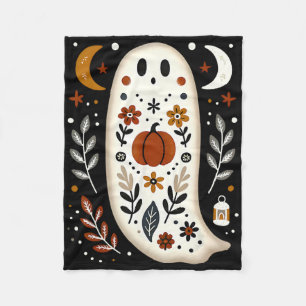 Ghost Folk Art Floral Autumn Fall Pumpkin Spooky H Fleece Blanket