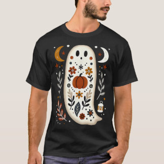 Ghost Folk Art Floral Autumn Fall Pumpkin Spooky H T-Shirt