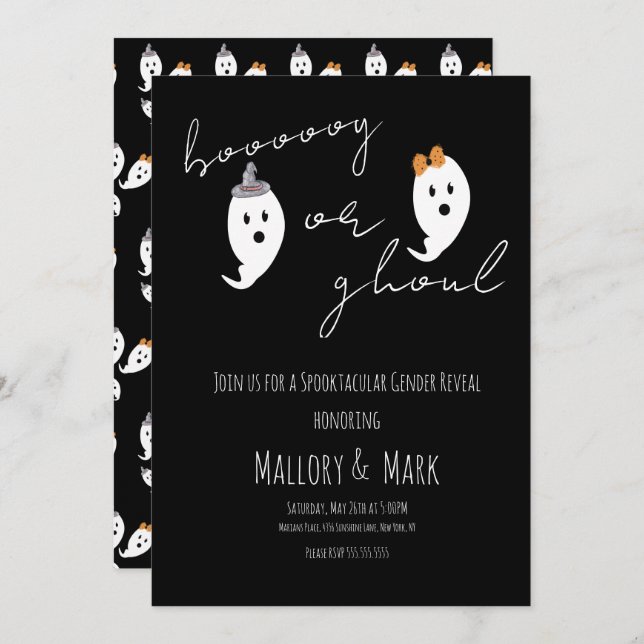 Ghost Ghoul Halloween Gender Reveal Party Black Invitation (Front/Back)