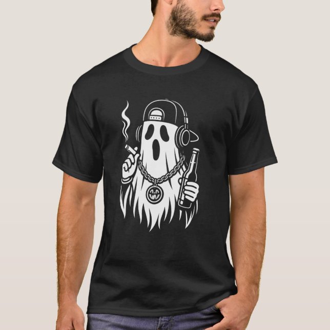 Ghost Halloween Beer Cigarette Hip Hop Men Women T-Shirt (Front)