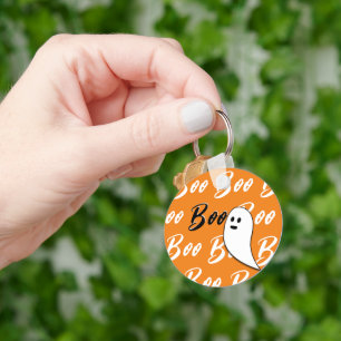 Ghost Halloween black white orange boo Key Ring
