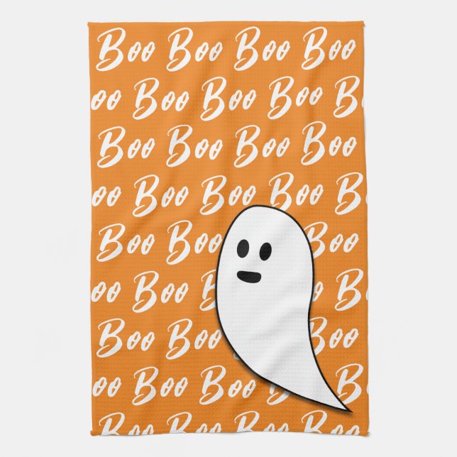 Ghost Halloween black white orange boo pattern Tea Towel (Vertical)