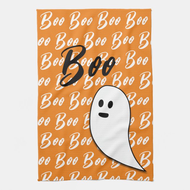 Ghost Halloween black white orange boo Tea Towel (Vertical)