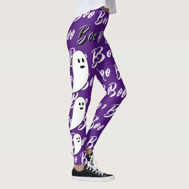 Ghost Halloween black white purple boo Leggings (Right)