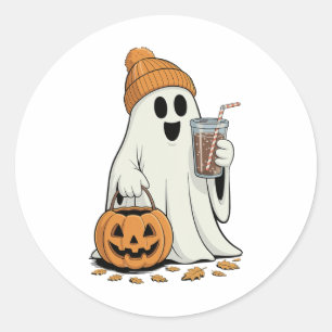Ghost Halloween Drinking Coffee Ghost Ice Coffee P Classic Round Sticker
