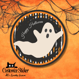 Ghost Halloween Orange & Black Vintage Stripe Classic Round Sticker