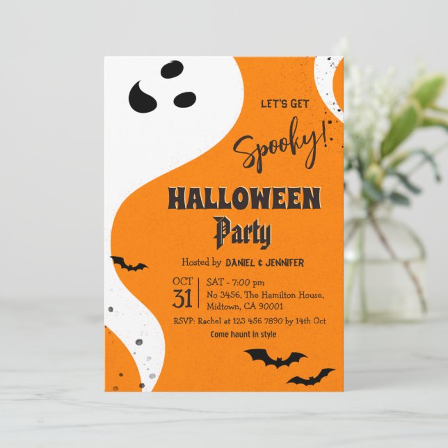 Ghost Halloween Party Let's Get Spooky Orange Bat Invitation (Standing Front)