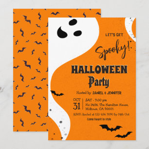 Ghost Halloween Party Let's Get Spooky Orange Bat Invitation