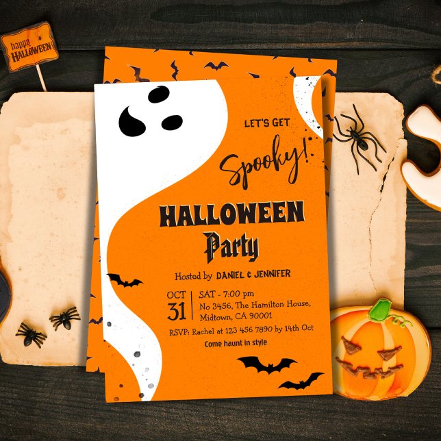 Ghost Halloween Party Let's Get Spooky Orange Bat Invitation (Creator Uploaded)