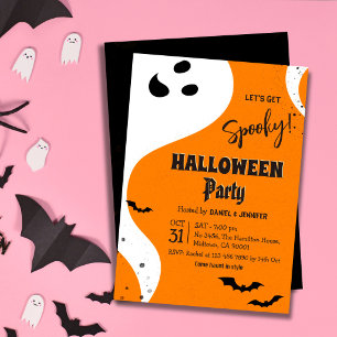 Ghost Halloween Party Let's Get Spooky Orange Bat Invitation