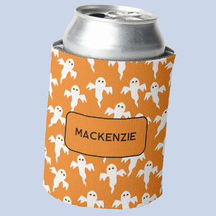 Ghost Halloween Personalised Orange and White Can Cooler