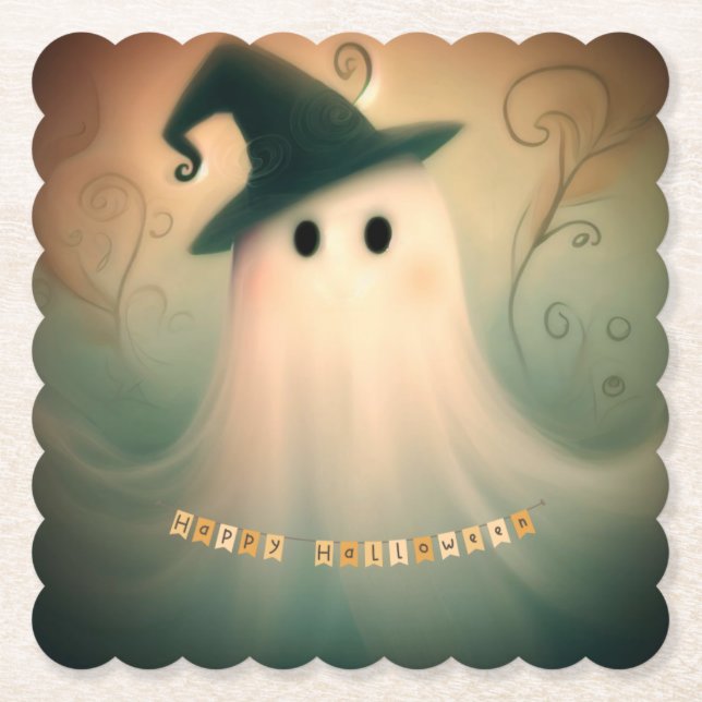 Ghost/Halloween/whimsical/fall Paper Coaster (Front)