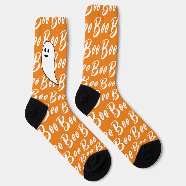 Ghost Halloween white orange boo text pattern Socks (Right)