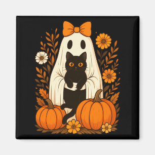 Ghost Holding Black Cat Cute Ghost Groovy Floral Magnet