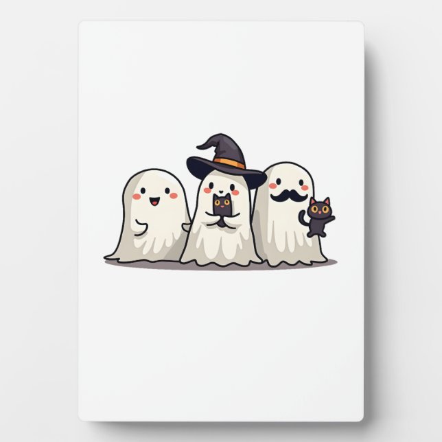 Ghost Holding Black Cat Funny Halloween Cat Lovers Plaque (Front)