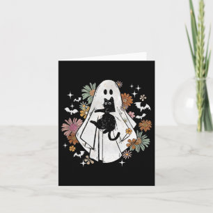 Ghost Holding Black Cat Groovy Floral Halloween Go Card