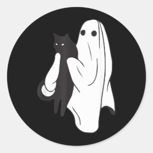 Ghost Holding Black Cat Halloween Cat Lovers Men Classic Round Sticker