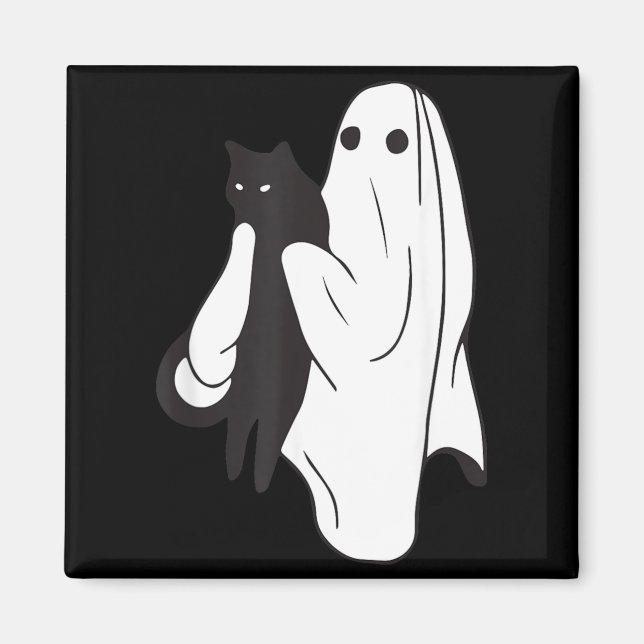Ghost Holding Black Cat Halloween Cat Lovers Men Magnet (Front)