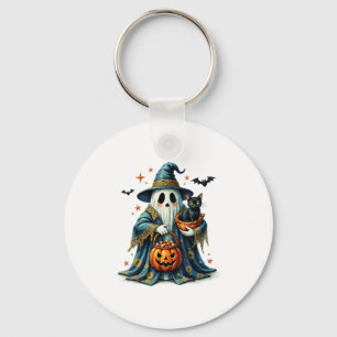 Ghost Holding Black Cat Lover Halloween 2025 Groov Key Ring