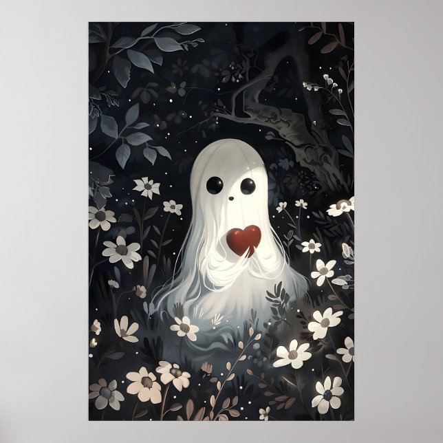 Ghost Holding Heart In Flower Woods Print (Front)