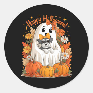Ghost Holding Miniature Schnauzer Dog Floral Classic Round Sticker