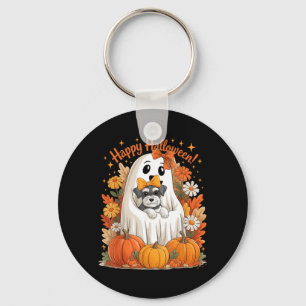 Ghost Holding Miniature Schnauzer Dog Floral Key Ring