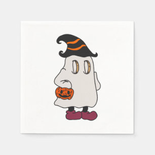 Ghost holding pumpkin and wearing witch hat napkin