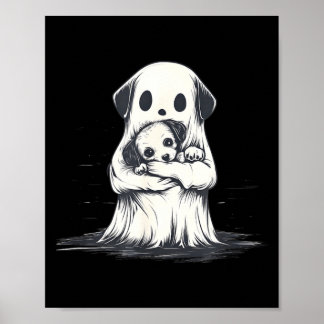 Ghost Holding Puppy Dog Funny Halloween Costume Poster