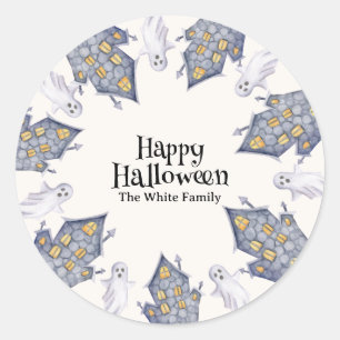 Ghost House Happy Halloween Custom Family Name Classic Round Sticker