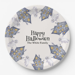 Ghost House Happy Halloween Custom Family Name Paper Plate