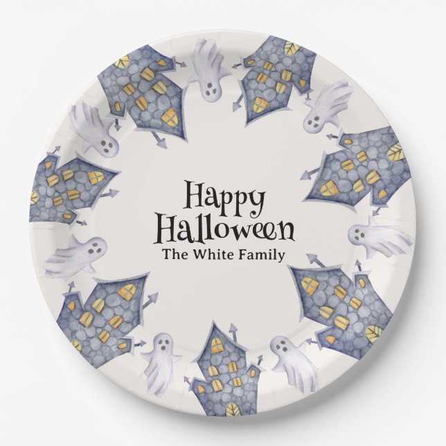Ghost House Happy Halloween Custom Family Name Paper Plate (Front)