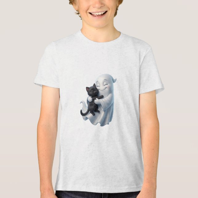 Ghost Hugging Black Cat Cute Halloween Design Tri-Blend Shirt (Front)