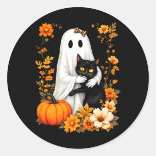 Ghost Hugging Black Cat Halloween Cats Lover Women Classic Round Sticker