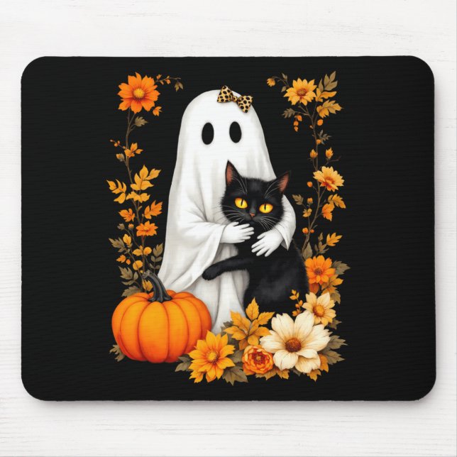 Ghost Hugging Black Cat Halloween Cats Lover Women Mouse Pad (Front)