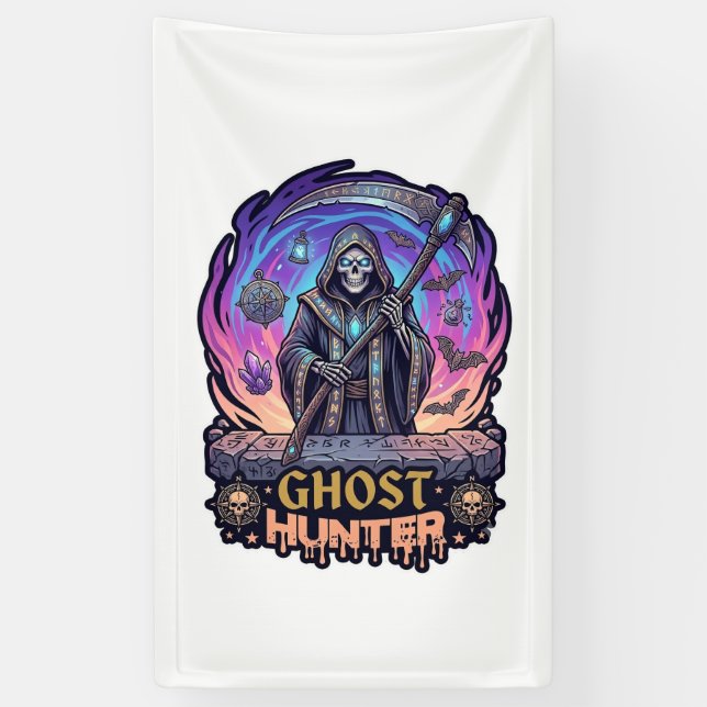 Ghost Hunter Grim Reaper Skeleton Scythe Purple Fl Banner (Vertical)