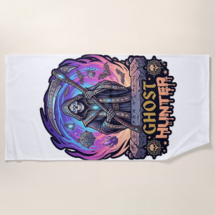 Ghost Hunter Grim Reaper Skeleton Scythe Purple Fl Beach Towel