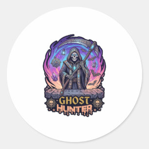 Ghost Hunter Grim Reaper Skeleton Scythe Purple Fl Classic Round Sticker