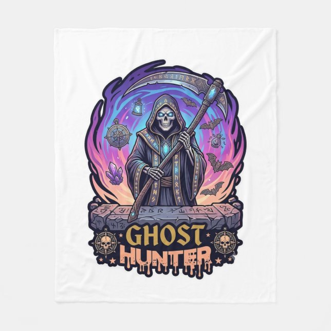 Ghost Hunter Grim Reaper Skeleton Scythe Purple Fl Fleece Blanket (Front)