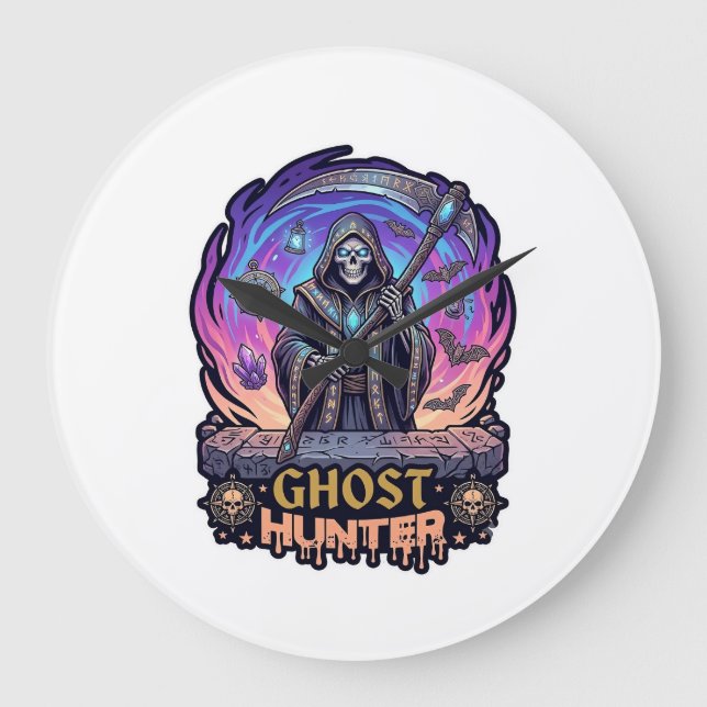 Ghost Hunter Grim Reaper Skeleton Scythe Purple Fl Large Clock (Front)