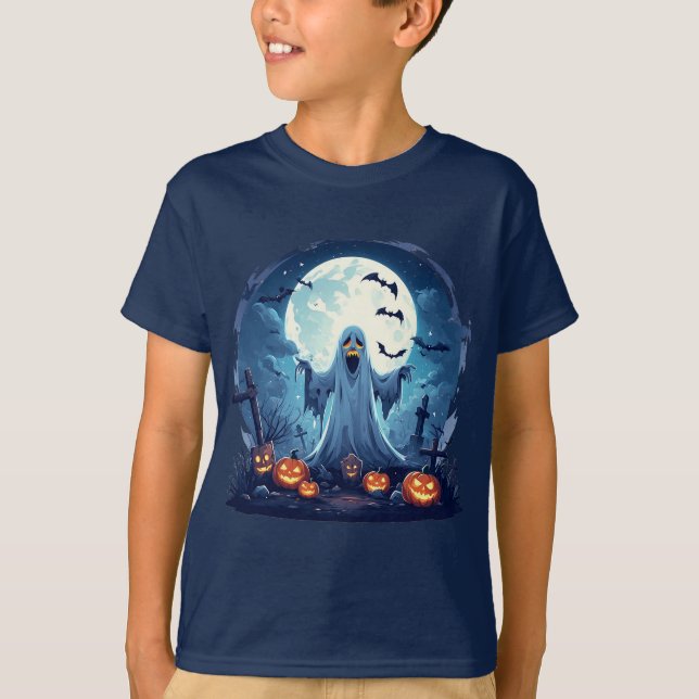 Ghost in a Haunted Graveyard With Full Moon T-Shirt (Front)