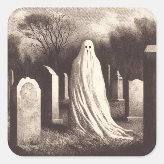 Ghost in Graveyard Vintage Illustration Sticker (Front)