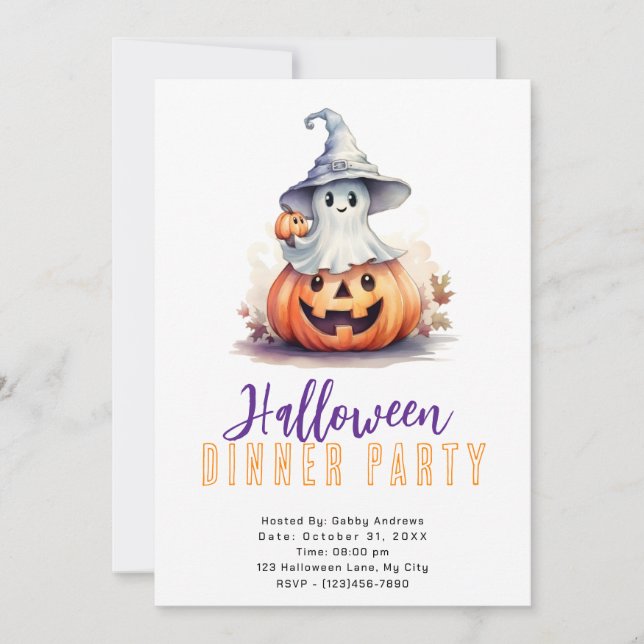Ghost in Grey Witches Hat Halloween Dinner Party Invitation (Front)