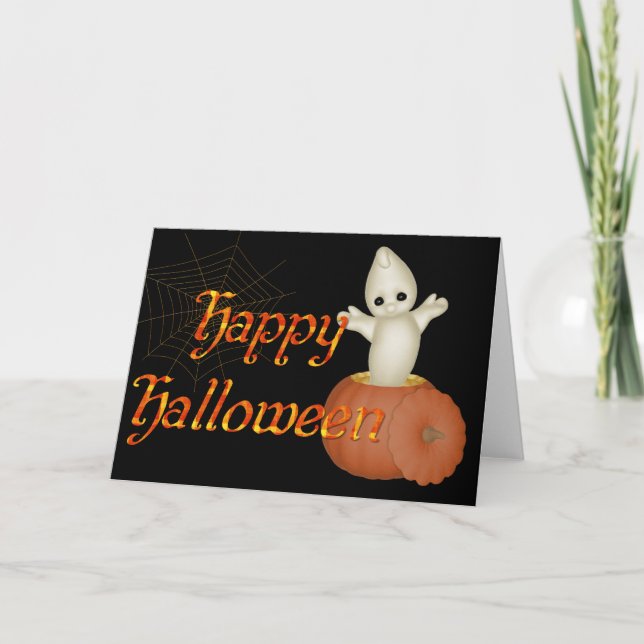 Ghost in Pumpkin Happy Halloween Greeting Card (Front)