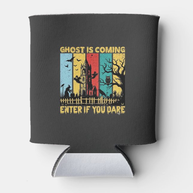 Ghost Is Coming Halloween Haunted House Witch Owl_ Can Cooler (Front)