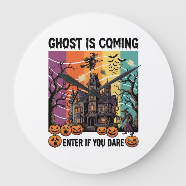 Ghost Is Coming Halloween Haunted House Witch Pump Large Clock (Front)