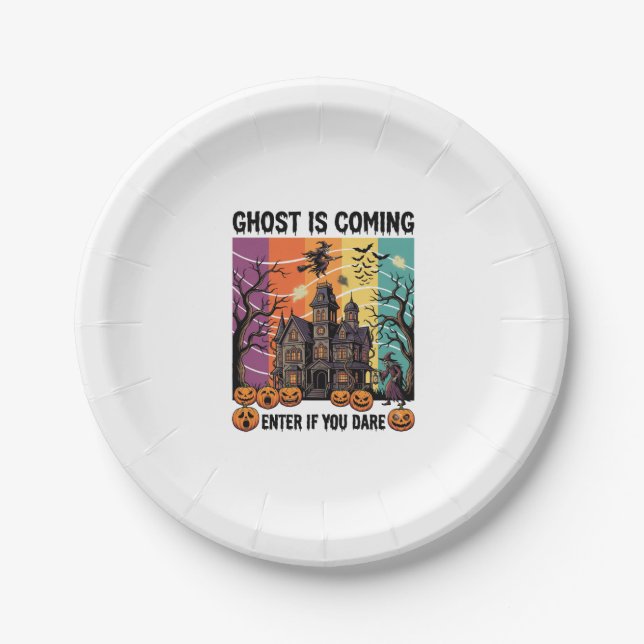 Ghost Is Coming Halloween Haunted House Witch Pump Paper Plate (Front)