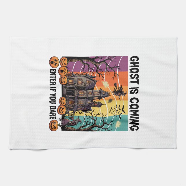Ghost Is Coming Halloween Haunted House Witch Pump Tea Towel (Horizontal)