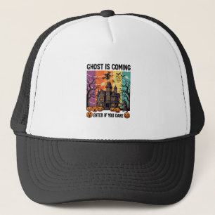 Ghost Is Coming Halloween Haunted House Witch Pump Trucker Hat