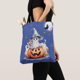 Ghost Jack-O' Lantern Full Moon Stars Halloween Tote Bag