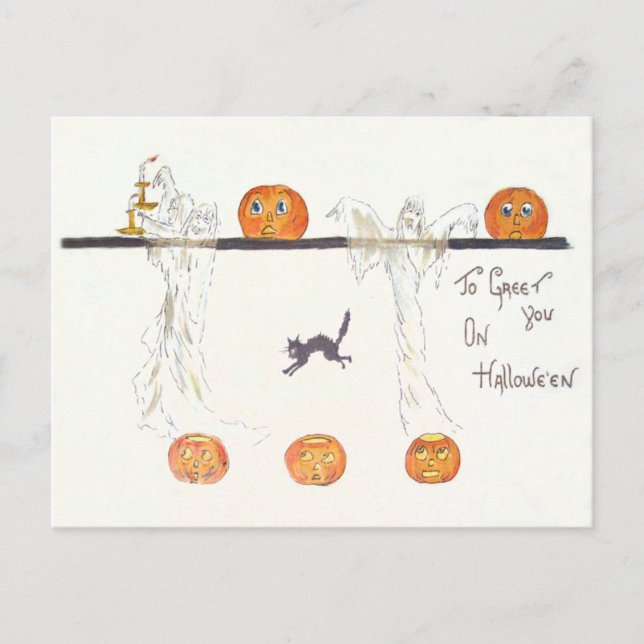 Ghost Jack O Lantern Pumpkin Black Cat Postcard (Front)